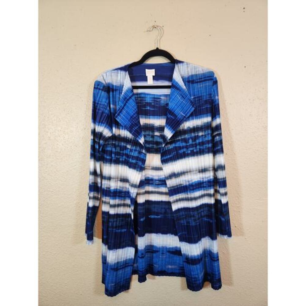 Chico's Collection Women Blue Ocean Stripe Long Sleeve Open Front Cardigan Large